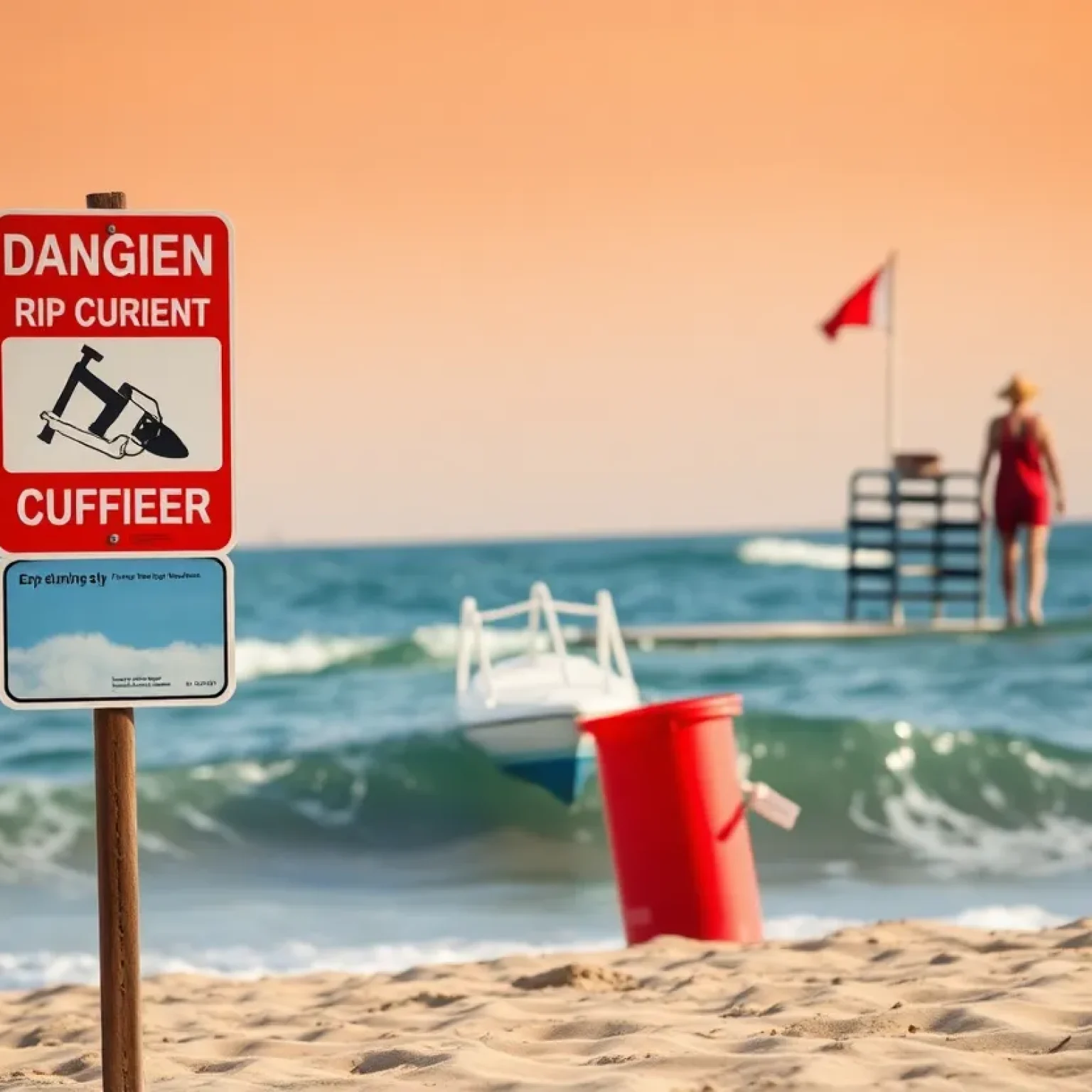 Beach safety sign warning about rip currents