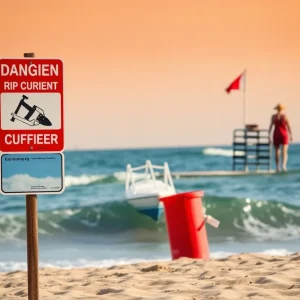Beach safety sign warning about rip currents