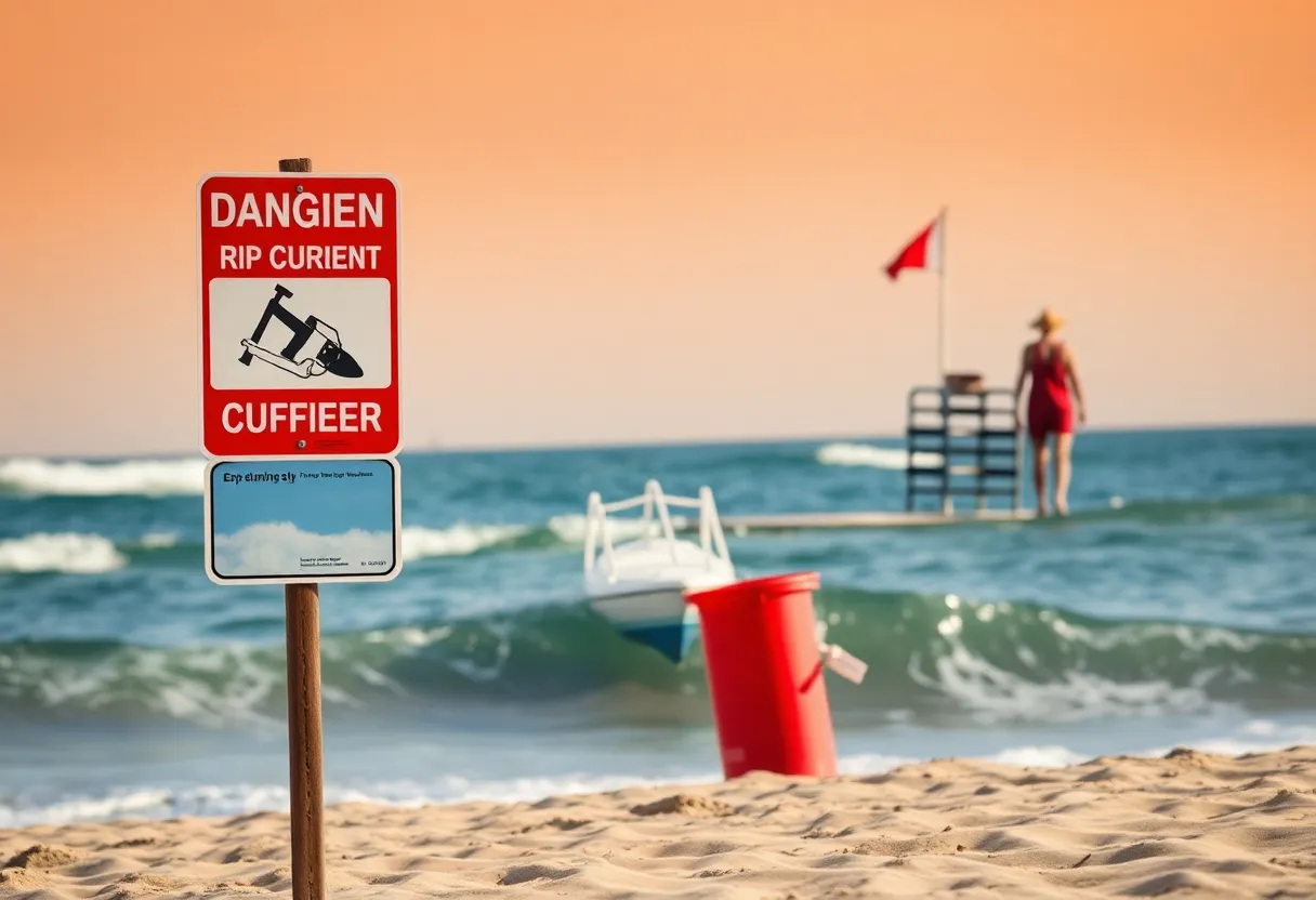 Beach safety sign warning about rip currents