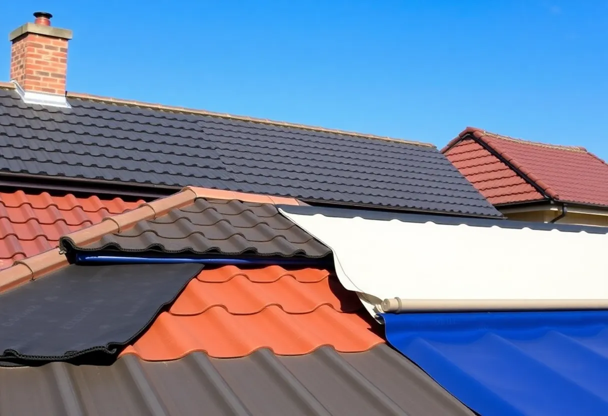 Different types of roof membranes displayed on a residential roof.