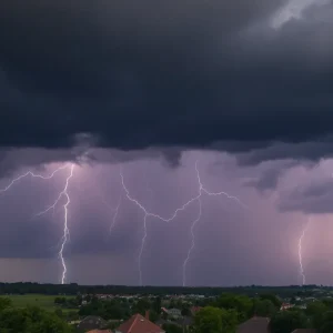 Storm clouds with lightning and rain in Greenwood, SC