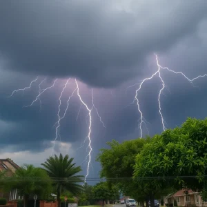 Dark storm clouds with lightning over York County