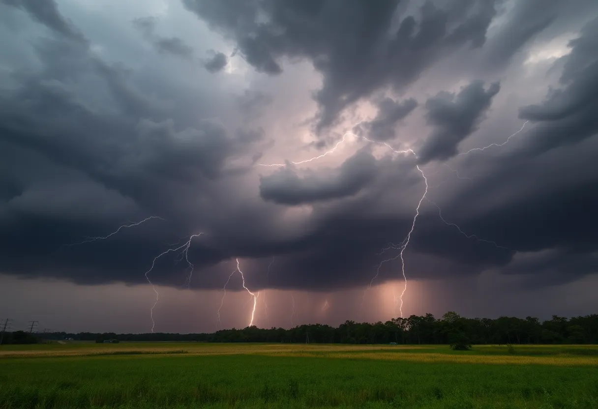Dark clouds and lightning during a severe thunderstorm in South Carolina