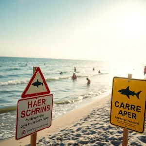 Beach with warning signs about shark activity and sunbathers