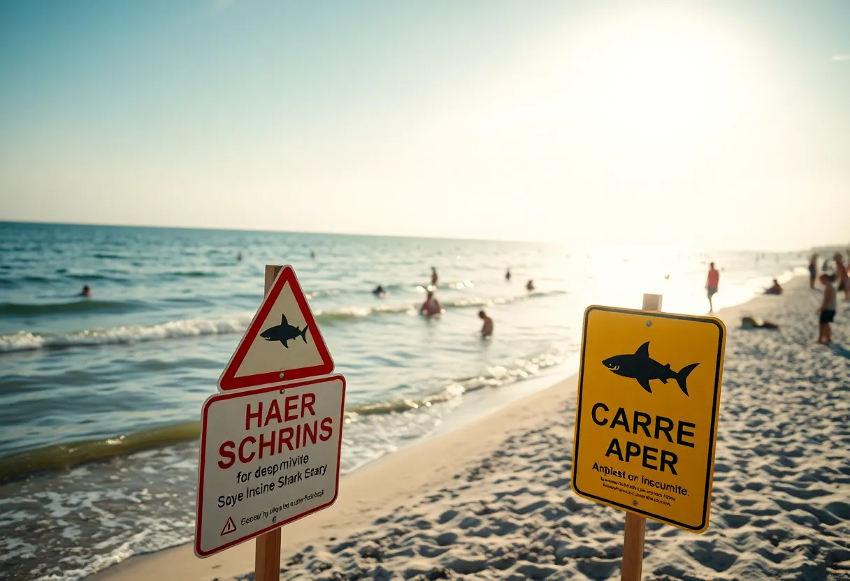 Beach with warning signs about shark activity and sunbathers