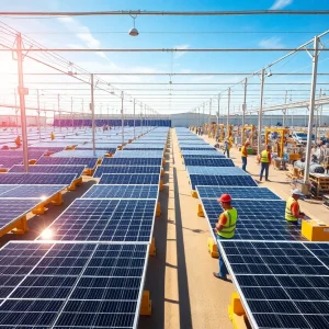 A new solar cell manufacturing facility in Greenwood with solar panels displayed.