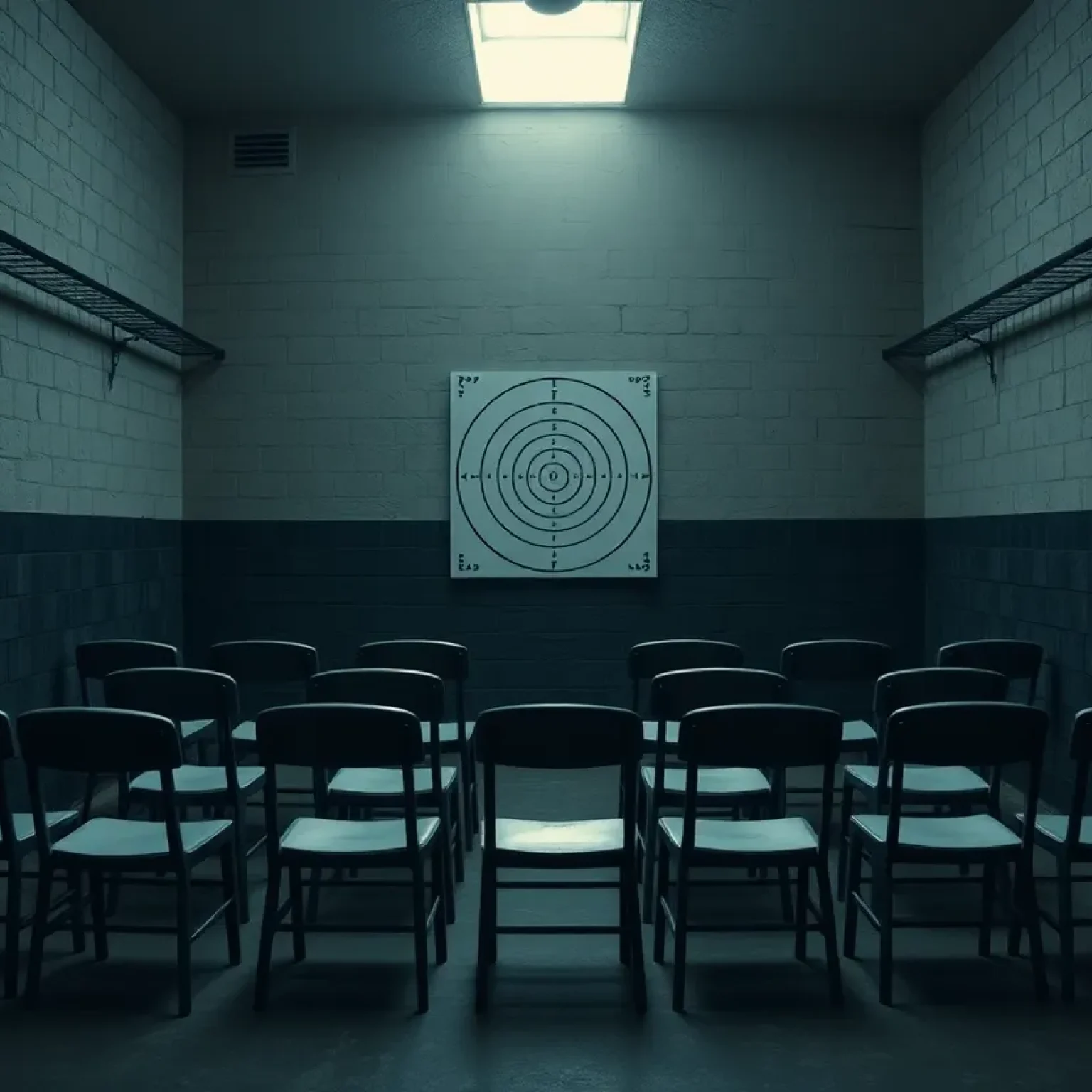 Execution chamber with target and empty chairs, representing capital punishment.