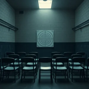 Execution chamber with target and empty chairs, representing capital punishment.