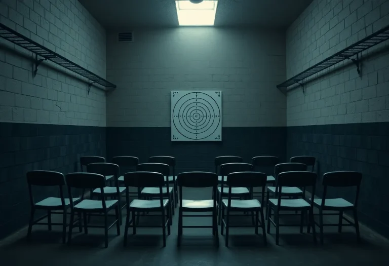 Execution chamber with target and empty chairs, representing capital punishment.
