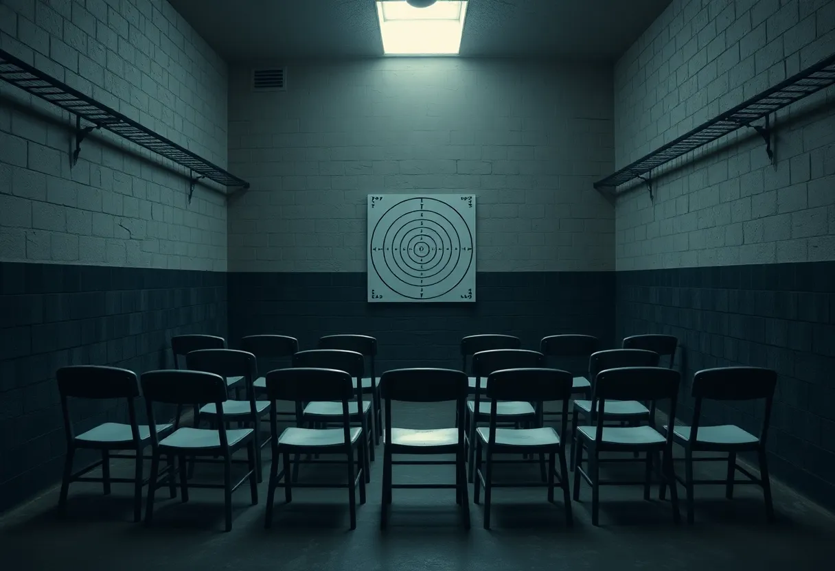 Execution chamber with target and empty chairs, representing capital punishment.