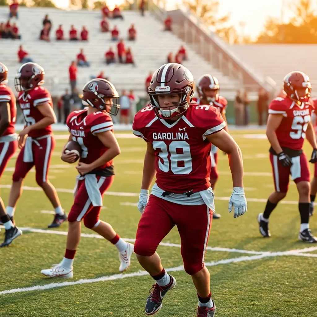 Young athletes practicing football for the South Carolina Gamecocks