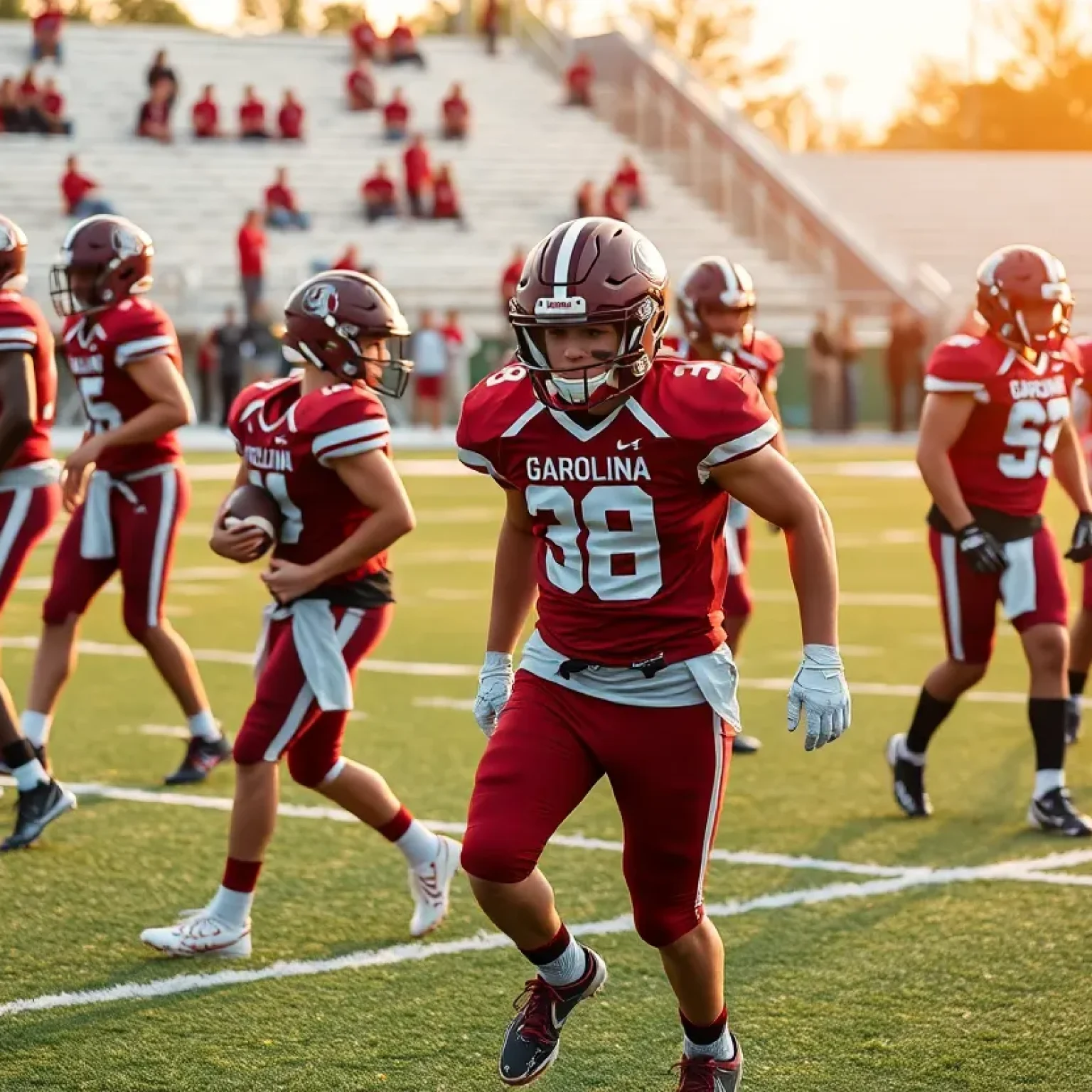 Young athletes practicing football for the South Carolina Gamecocks
