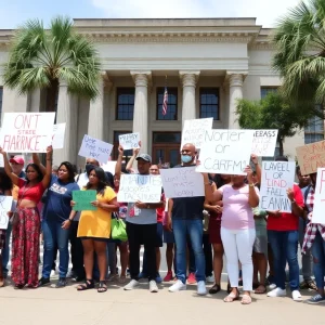A diverse group of protesters in South Carolina demonstrating peacefully at a government building.