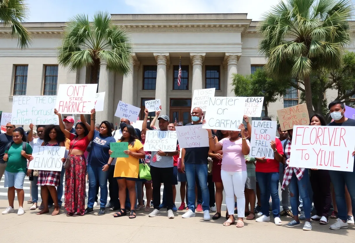 A diverse group of protesters in South Carolina demonstrating peacefully at a government building.