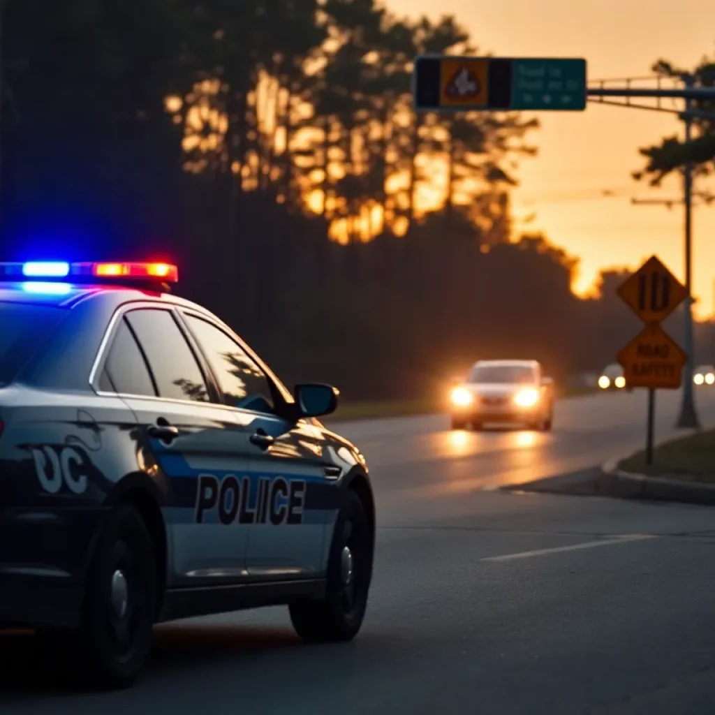 South Carolina road with safety signs and a police cruiser