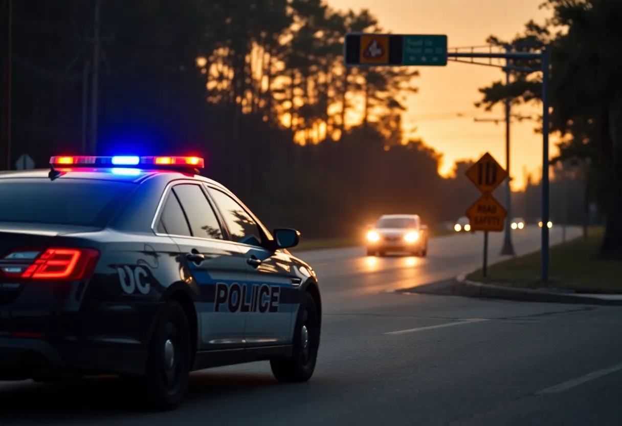 South Carolina road with safety signs and a police cruiser