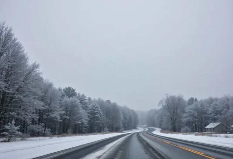 Snow-covered landscape in South Carolina with falling snow