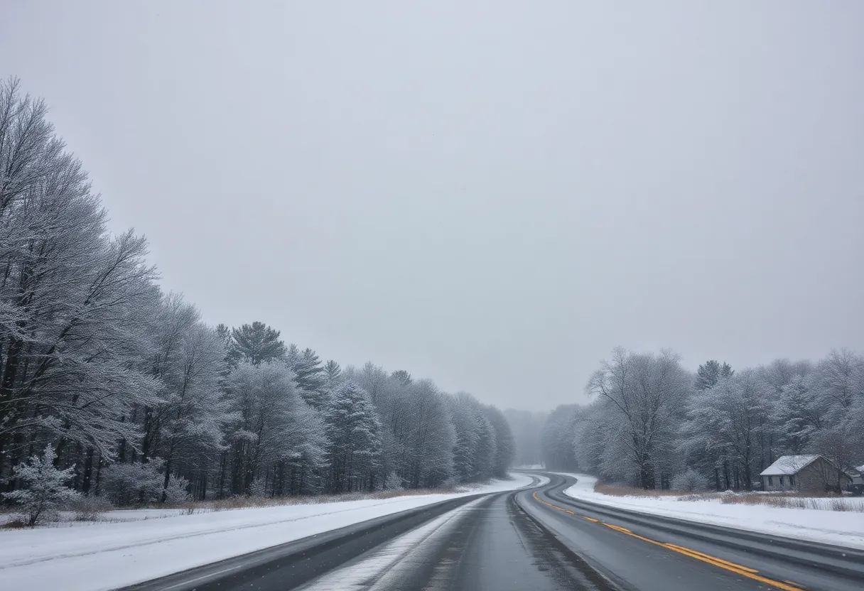 Snow-covered landscape in South Carolina with falling snow
