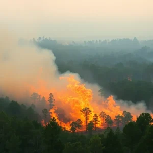 Large wildfire burning through South Carolina forest