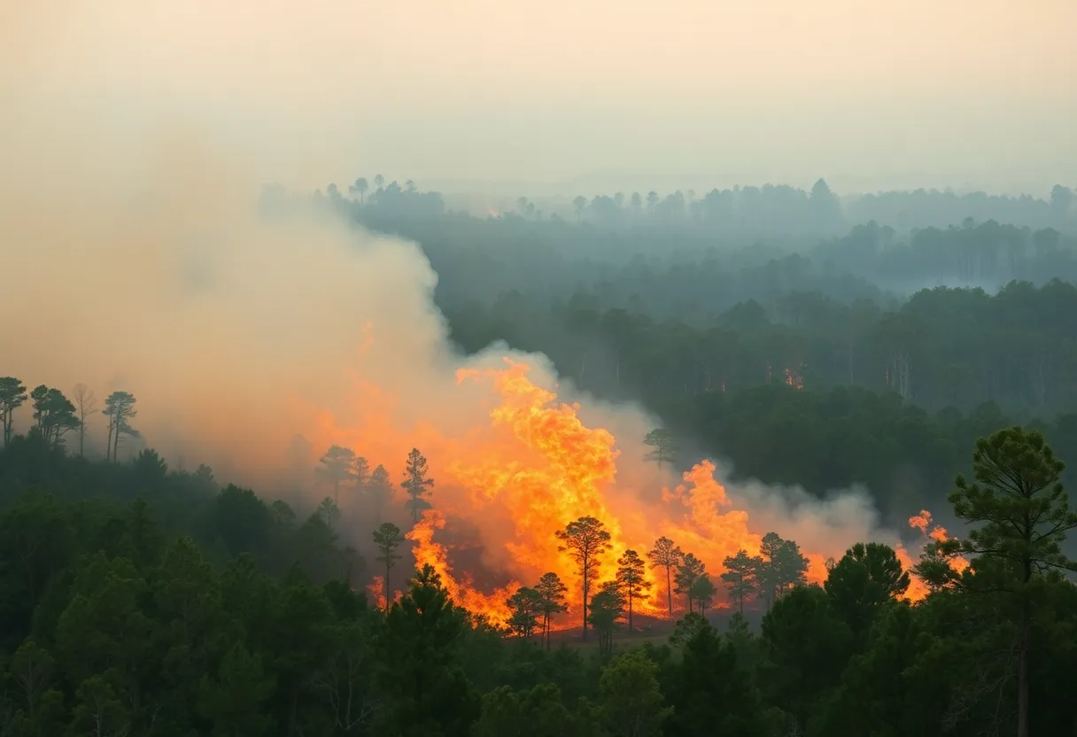 Large wildfire burning through South Carolina forest
