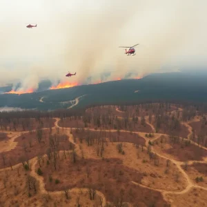 Aerial view showing vast wildfires in South Carolina with smoke and firefighting helicopters