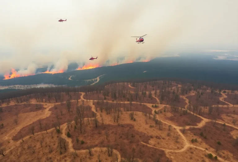 Aerial view showing vast wildfires in South Carolina with smoke and firefighting helicopters