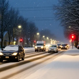 Snow flurries falling in South Carolina streets during winter