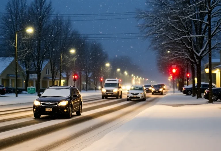 Snow flurries falling in South Carolina streets during winter
