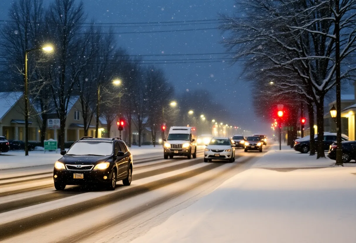 Snow flurries falling in South Carolina streets during winter
