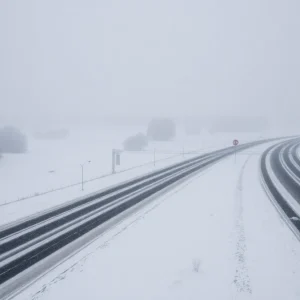 Snow covered road during winter storm in South Carolina