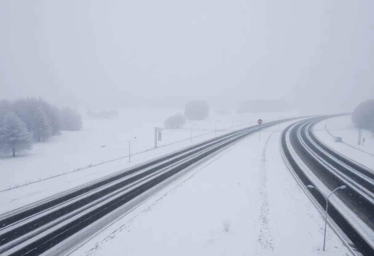 Snow covered road during winter storm in South Carolina