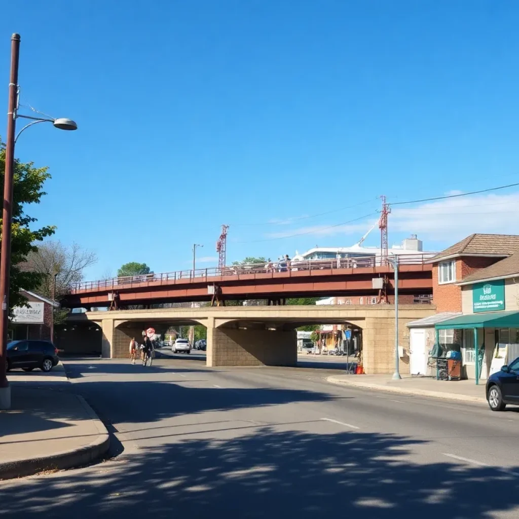 Bright sunny day in Greenwood with bridge construction