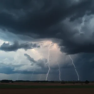 Dark thunderstorm clouds with lightning above a rural area
