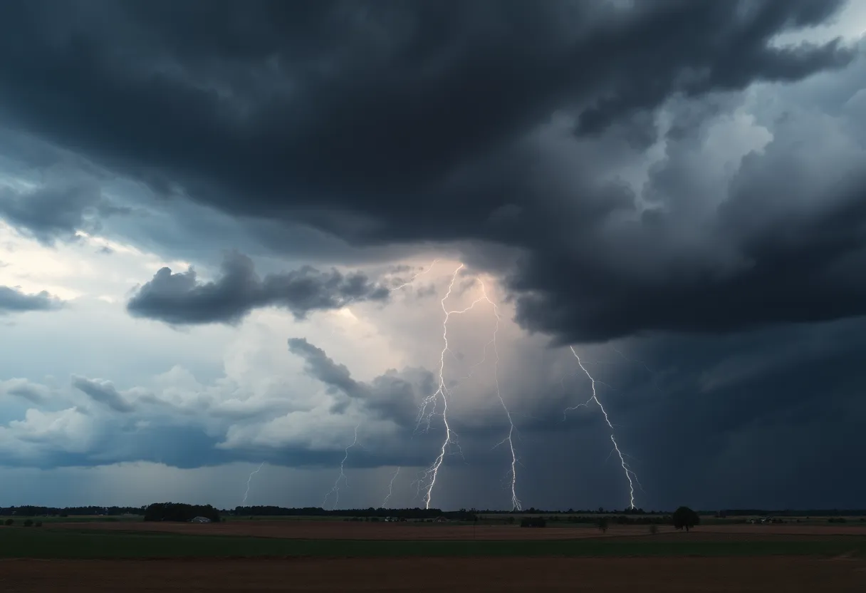 Dark thunderstorm clouds with lightning above a rural area