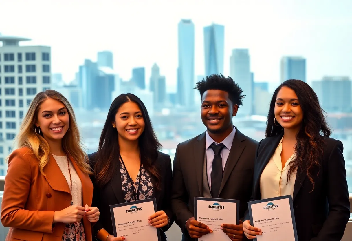 Group of young professionals celebrating the Top Young Leaders Award in construction and law.