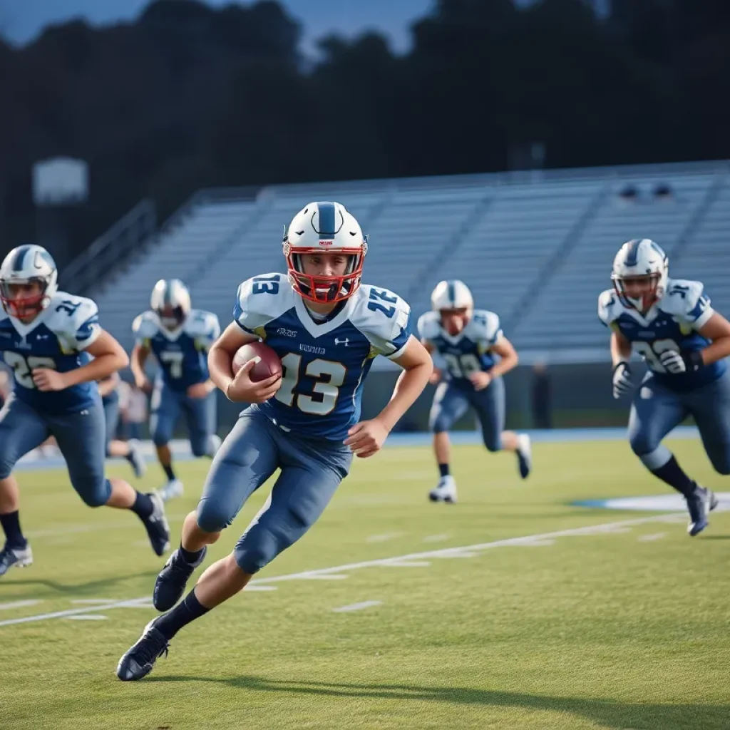 High school football athlete in action during a game