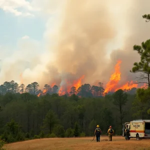 Wildfire burning in South Carolina with emergency personnel responding