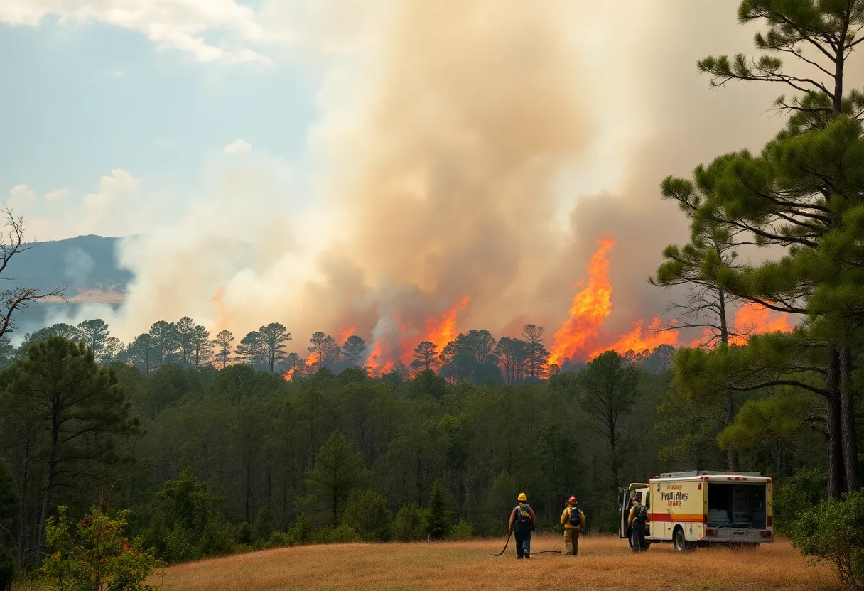 Wildfire burning in South Carolina with emergency personnel responding
