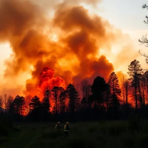 Wildfires engulfing trees in South Carolina with firefighters in action.