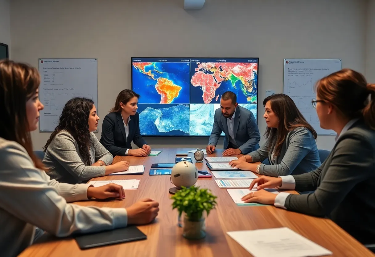 Professionals collaborating on energy systems and climate data