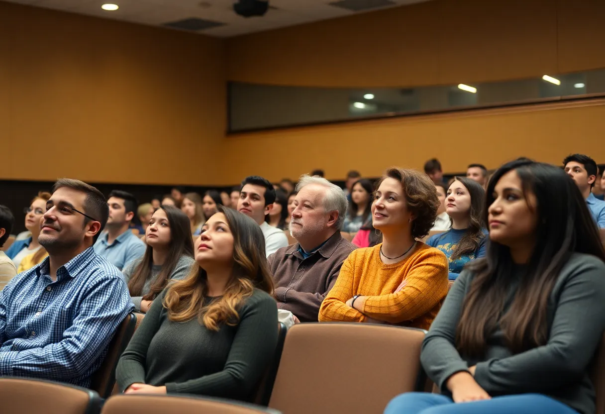 Audience in a university auditorium during a mental health discussion.