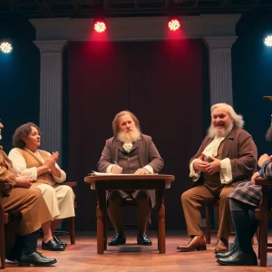 Actors portraying Thomas Jefferson and John Adams in a historical debate setting