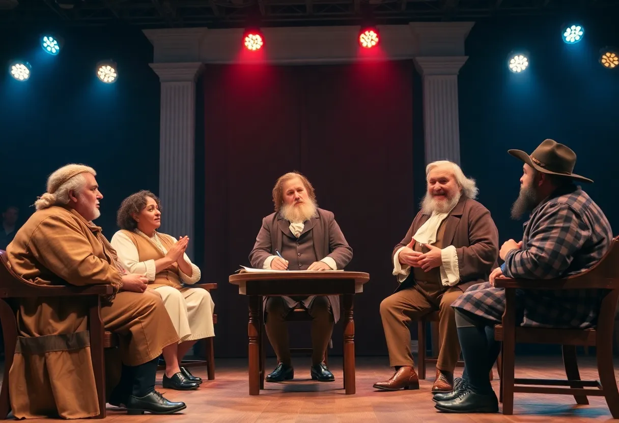 Actors portraying Thomas Jefferson and John Adams in a historical debate setting