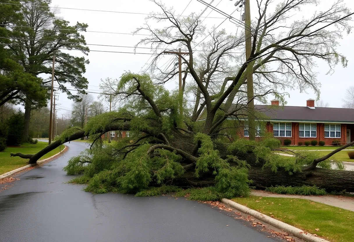 A fallen tree blocking a road near a school