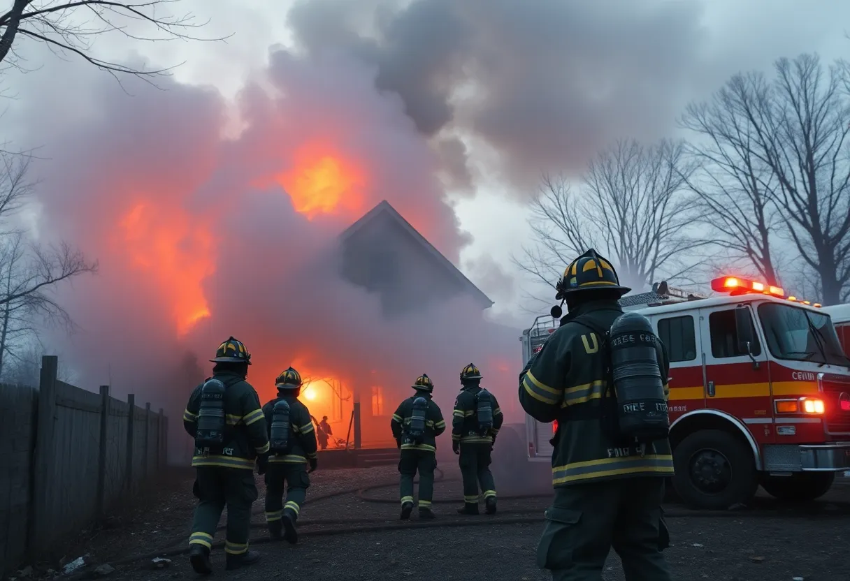 Firefighters extinguishing a blaze in an abandoned home