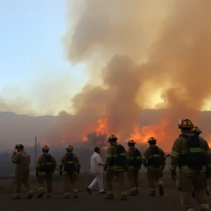 Firefighters fighting wildfires in a rugged terrain