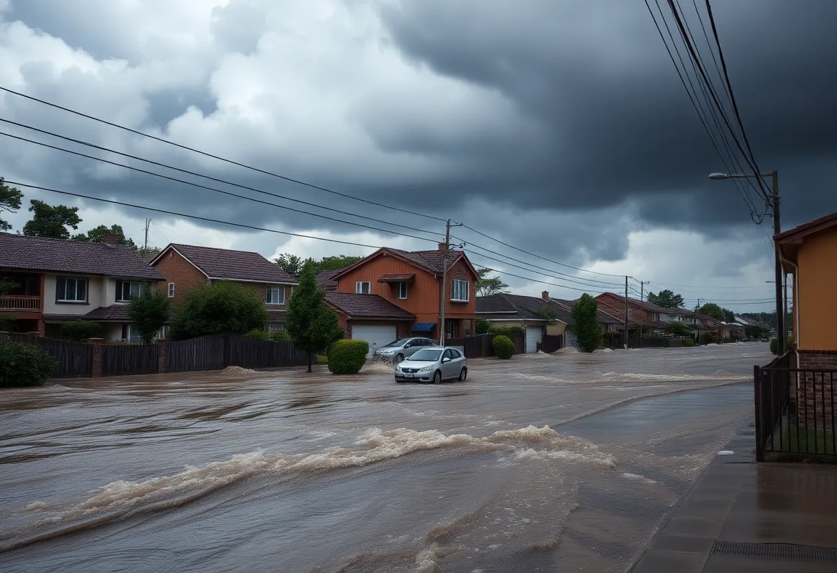 Flash flooding in urban area with water overflow