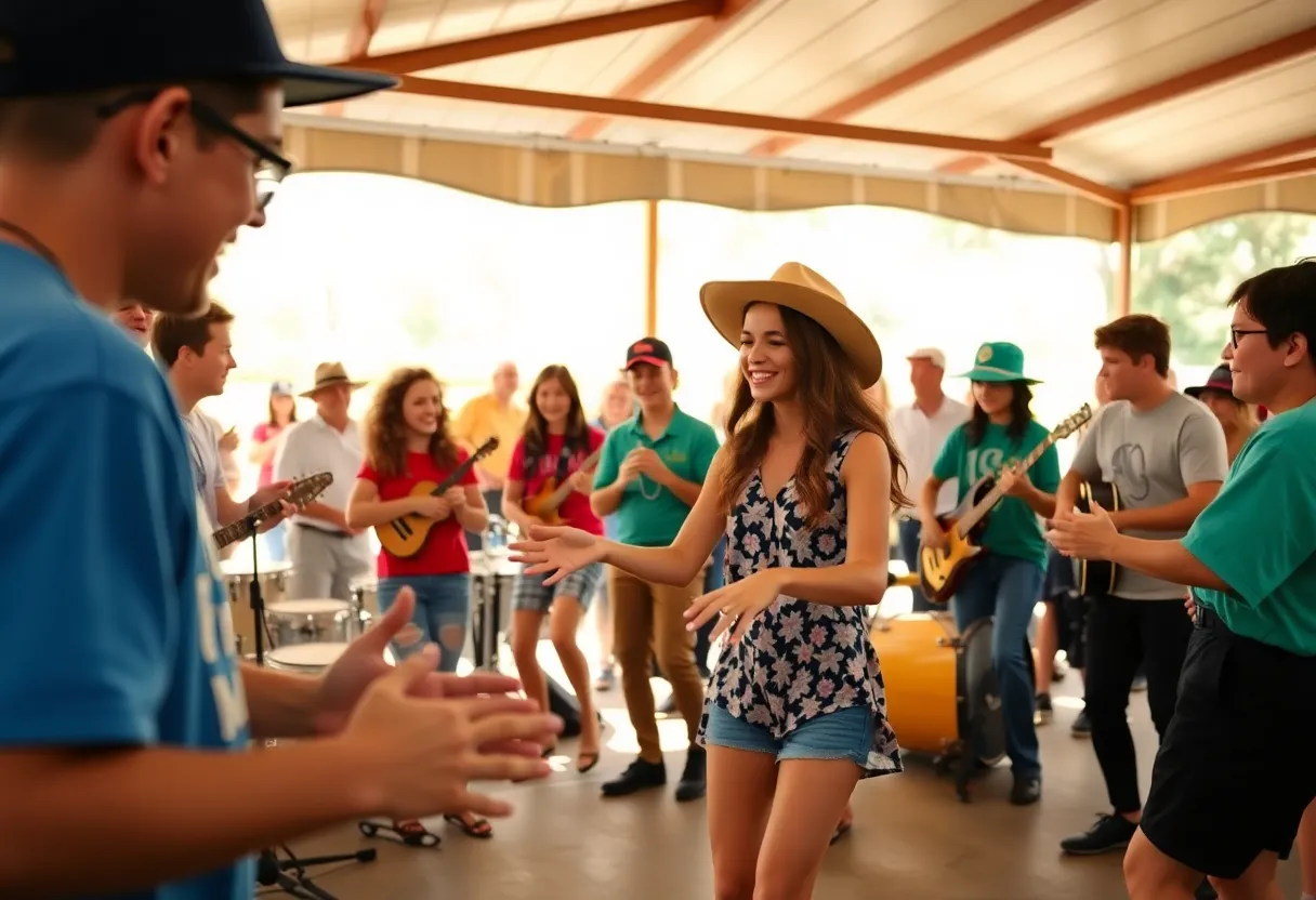 Greenwood High School band students learning the Carolina Shag dance at band camp.