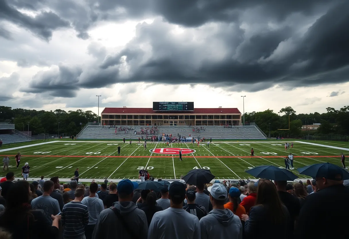 Storm clouds gather over a football stadium during the Greenwood Jamboree cancellation.