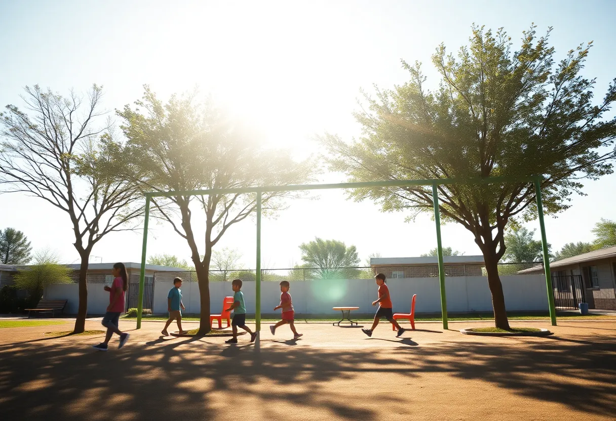 Children playing in a school playground under a bright sun.